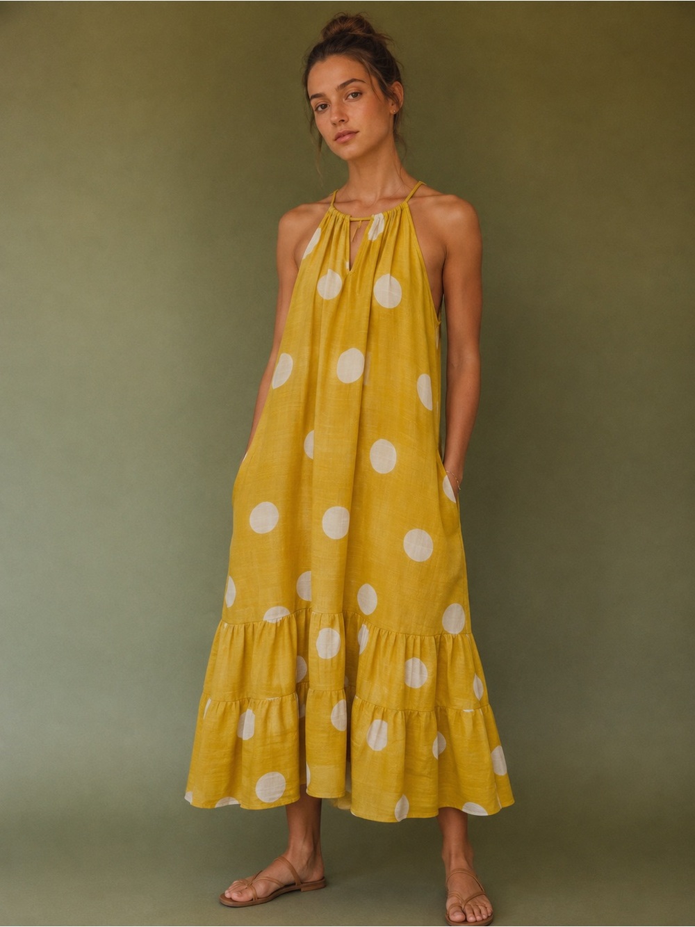 Mlle Gabrielle Yellow White Polka Dot Halter Maxi Dress Pockets L Boho Summer